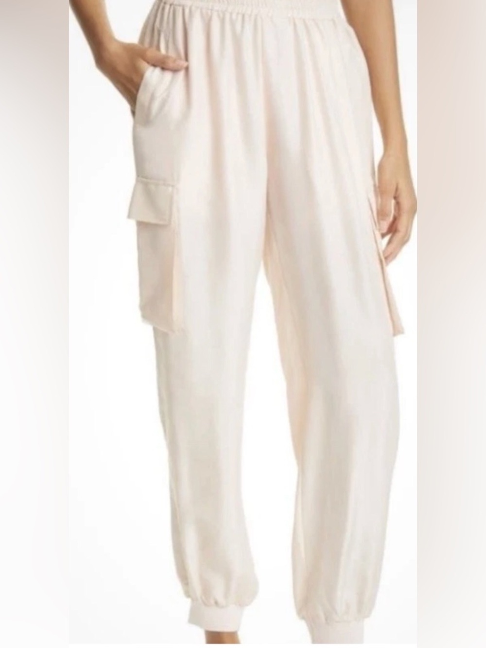 Nicole Miller Women's Blush Silk Jogger Pant Elastic Cuffs Cargo Pockets Small - Picture 2 of 8